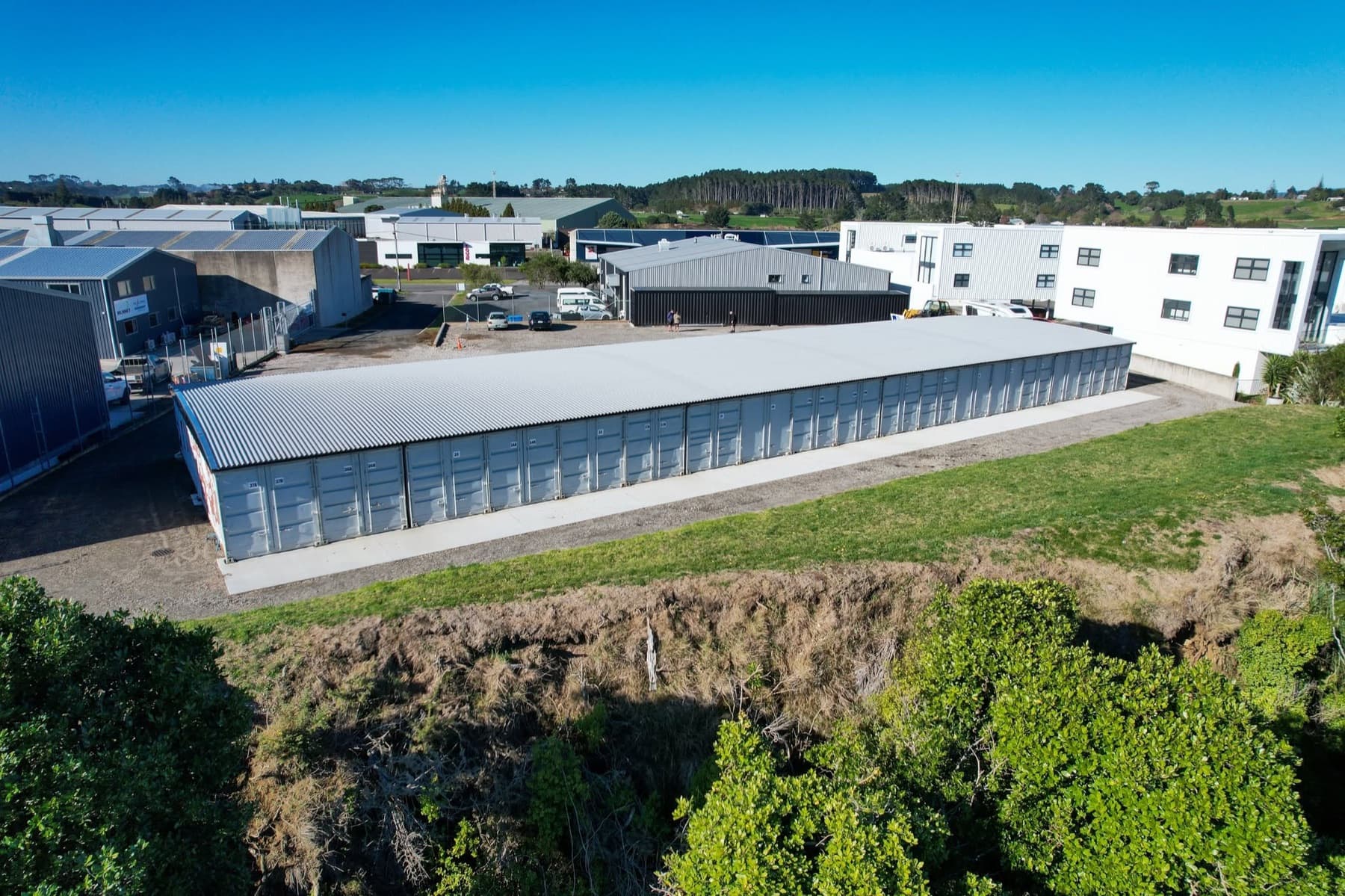 Aerial view of the roofed row of storage containers at 78 Hurlstone Drive